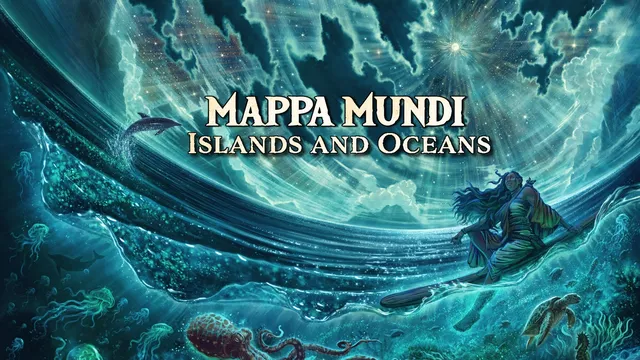 A stylized illustration of a cosmic ocean scene with swirling waves, glowing clouds, and a bright star in the sky. A large whale-like creature arcs through the water, and a tentacled sea monster is visible below. A robed figure with long hair stands on a rocky outcrop, holding a staff. The text "MAPPA MUNDI Islands and Oceans" is prominently displayed at the top.