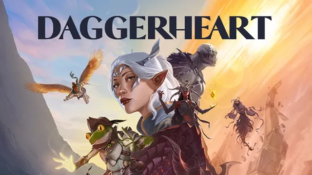A fantasy-themed illustration featuring characters from the tabletop roleplaying game "DAGGERHEART," as displayed in bold, stylized text at the top. In the foreground, a woman with long, pale blue hair and pointed ears wears ornate, dark purple armor with gold accents. She holds a dagger in one hand and a glowing, spectral green weapon in the other. Behind her, a small, green-skinned creature with bat-like wings and large eyes clings to her shoulder.

To her left, a winged figure with golden armor and a sword flies upward, casting a bright light. Below, a muscular humanoid in heavy armor with a horned helmet wields a large hammer. Another armored figure with a skeletal, monstrous face and tattered wings stands nearby, holding a jagged weapon. In the lower right, a smaller character in blue clothing and a hood holds a glowing blue orb in one hand and a staff in the other.

The setting appears to be a rocky, mountainous landscape with a warm, orange sky and distant cliffs. Several shadowy, bat-like creatures fly in the background.