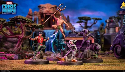 Four painted miniatures: Shang-Chi, Namor, Black Panther, and Silver Sable, on bases with terrain.