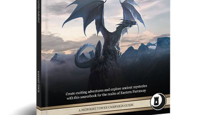 A campaign guide titled "The Adventurer’s Guide to Eastern Farraway" features a striking cover illustration of a dragon with large, outstretched wings perched atop a rocky outcrop, set against a dramatic sky. The title is prominently displayed at the top, with a subtitle encouraging the creation of adventures and exploration of ancient mysteries. The design incorporates elements that suggest a fantasy theme, aligning with the Norse mythology and folklore influences of the Eastern Farraway setting.