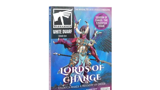 The cover of White Dwarf Issue 514 features a striking illustration of a Tzeentch character, adorned in ornate armor with vibrant colors, including blues and golds. The character has large, colorful wings and a confident pose, embodying the theme of chaos and change. Prominent text on the cover includes "Lords of Change" and "Tzeentch Makes a Mockery of Order," along with a circular badge indicating it is the "Season of Chaos: The Tzeentch Issue."