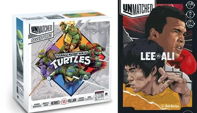 The image features two game boxes side by side. On the left, the "Unmatched Adventures - Teenage Mutant Ninja Turtles" box showcases vibrant artwork of the four Ninja Turtles, with Raphael prominently displayed, along with the title and details about the game. On the right, the "Unmatched: Bruce Lee vs Muhammad Ali" box features striking illustrations of Bruce Lee and Muhammad Ali, highlighting their iconic poses, with the title prominently displayed at the top. Both boxes reflect the dynamic and competitive nature of the Unmatched game series.