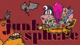Stylized illustration featuring two characters against a deep red background. On the left, a humanoid figure with cat-like features, including pointed ears and a tail, clings to a large, jagged, gray winged shape resembling a broken or floating structure. The figure wears a sleeveless top and shorts.

On the right, a humanoid robot with a round head, a single large eye, and a mechanical body stands atop a pile of colorful debris. The robot wears a belt with tools or objects attached and holds a wrench in one hand. Surrounding the robot are various mechanical parts, gears, and what appear to be broken or discarded items.

In the center, large bold letters spell out "JUNKSPHERE" in a mix of black and yellow, with a distressed or grunge texture. The letters cast shadows, giving them a three-dimensional effect. In the bottom left corner, a small character with a round body and antennae stands next to a stack of books or crates.