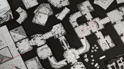 A detailed overhead view of a modular dungeon map, featuring various interconnected tiles with intricate designs representing stone floors and walls. Some tiles depict rooms and corridors, while others show circular areas and pathways. Red markings indicate specific points of interest, such as traps or objectives, enhancing the dynamic nature of gameplay.