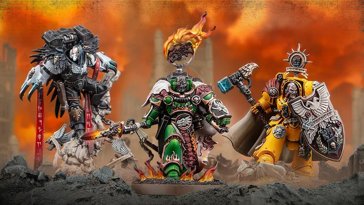 Three dynamic Space Marine miniatures are prominently displayed against a fiery, apocalyptic backdrop. On the left, a figure clad in dark armor with intricate details and a skull motif stands atop a rocky base, holding a weapon. In the center, a green-armored character wields a flaming sword and features a distinctive circular emblem above his head, while flames lick at his feet. On the right, a yellow-armored Space Marine, adorned with a shield and a hammer, exudes a commanding presence, completing the trio of characters from the Warhammer 40,000 universe.