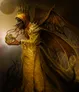 Golden-winged creature holding a glowing orb, open mouth with sharp teeth