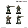 Four miniatures from the "Trench Crusade: Carcass Front" game are displayed, showcasing a grimdark aesthetic. Each figure is heavily armored, featuring a mix of medieval and steampunk elements, with intricate details like chains and weaponry. The miniatures are posed in various stances, holding weapons such as rifles and swords, and are mounted on circular bases, emphasizing their readiness for battle in the game's narrative campaign.