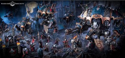 A dramatic scene showcases two imposing Chaos Knights, the Knight Ruinator and Knight Abominant, towering over a battlefield littered with detailed miniatures. The Knights feature intricate designs, with one adorned in dark metallic colors and the other showcasing a mix of blue and gold accents. Surrounding them are various smaller figures in red cloaks, wielding weapons, set against a backdrop of gothic ruins and atmospheric lighting.