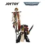 Two action figures from the Warhammer 40,000 series. The figure on the left is a skeletal warrior with a spiked crown, holding a large polearm with a banner featuring a skull and chains. The figure on the right is a space marine in black and red armor, holding a large sword. The background is white. Text at the top reads "JOYTOY" and "WARHAMMER 40,000".