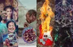 A collage of surreal and unsettling artwork features four distinct panels. The left panel showcases a group of diverse faces, some smiling, set against a blurred background. The center panel depicts an elderly man thoughtfully eating from a bowl, while the third panel features a flaming guitar with a grinning face, surrounded by abstract shapes. The right panel presents a dark, skeletal figure intertwined with eerie geometric patterns, enhancing the overall theme of horror and the bizarre.