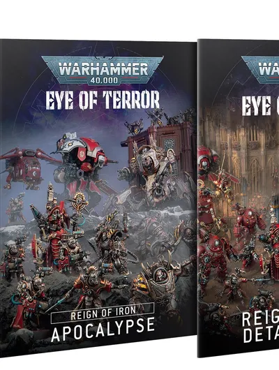 A slipcase set titled "Eye of Terror: Reign of Iron" for Warhammer 40,000 10th Edition features three hardcover books. The left book, "Eye of Terror: Reign of Iron," showcases a dark cover with imagery of Iron Warriors and mechanical elements. The center book, "Reign of Iron: Apocalypse," highlights large-scale battle scenes with various factions, while the right book, "Reign of Iron: Detachments," displays a more detailed scene with Chaos Space Marines and Imperial forces. Each book is visually distinct, emphasizing the themes of war and chaos in the Warhammer universe.