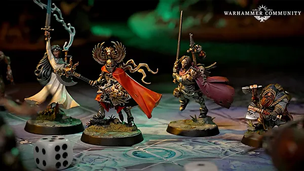 A trio of miniatures from the board game Warhammer Quest: Darkwater is displayed on a detailed game board. On the left, a character in a flowing red cloak wields a staff, while in the center, a heavily armored warrior brandishes a sword and shield, showcasing intricate details on their armor. To the right, a duardin ranger holds an axe and has a backpack filled with adventuring gear, all set against a richly colored background that enhances the fantasy theme.