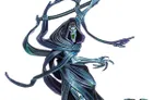 A sleek and dynamic model of the Necron Shard of the Nightbringer, featuring a flowing black and teal cloak that accentuates its ethereal form. The figure wields a large, menacing scythe, with a skeletal face that has a vibrant green mouth, adding to its ominous presence. Surrounding the figure are swirling Scarab swarms, enhancing the character's connection to the Necron lore.