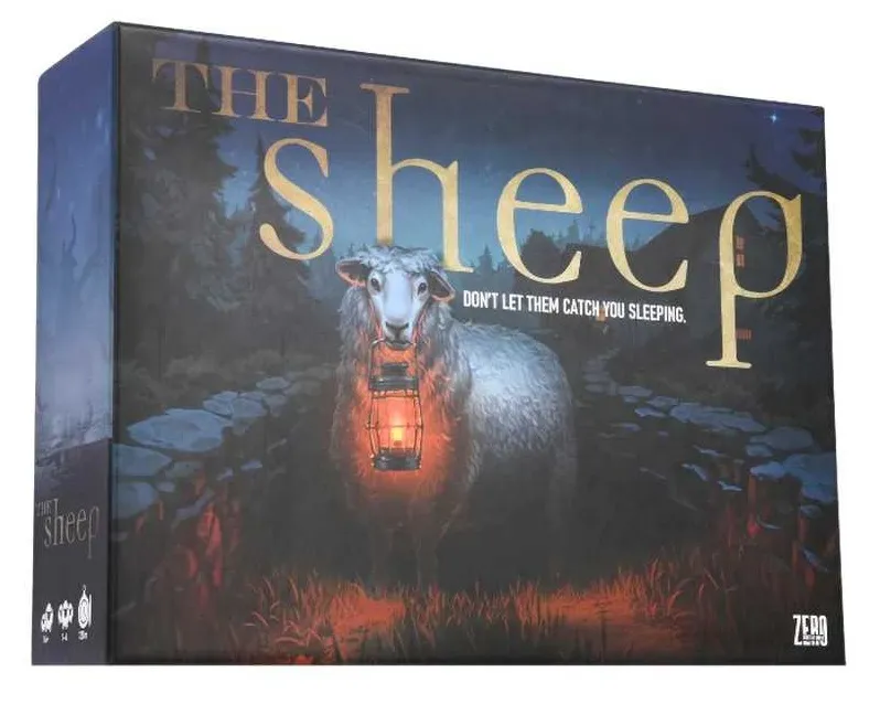 A board game box titled "The Sheep" features a menacing sheep holding a lantern, set against a dark, eerie forest backdrop. The title is prominently displayed in gold lettering, with the tagline "DON'T LET THEM CATCH YOU SLEEPING" beneath it. The overall color scheme is dark, with shades of blue and green, enhancing the horror-comedy theme of the game.