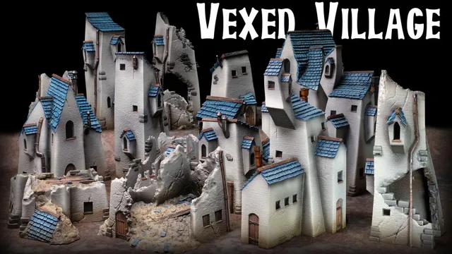 A collection of quirky, ramshackle buildings from the Vexed Village set, featuring skewed proportions and angles that create a surreal aesthetic. The structures are predominantly white with blue roofs, showcasing a mix of intact and ruined designs, including crumbling walls and a partially destroyed tower. The title "Vexed Village" is prominently displayed at the top in bold, stylized lettering against a dark background.