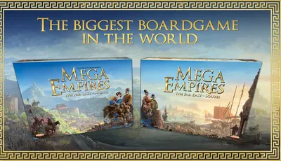 Two game boxes for "Mega Empires: The Far East - North" and "Mega Empires: The Far East - South" are displayed prominently against a scenic backdrop featuring landscapes and structures reminiscent of East Asia. The text "THE BIGGEST BOARDGAME IN THE WORLD" is boldly featured above the boxes, emphasizing the scale of the game. The overall design incorporates a decorative border, enhancing the visual appeal of the presentation.