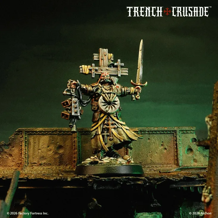 A detailed miniature figure stands prominently, depicting a character from the Trench Crusade game. The figure is adorned in dark, tattered robes with intricate designs, holding a sword in one hand and a large, ornate cross in the other. The base features a gritty, war-torn terrain, with hints of rust and decay, enhancing the grimdark atmosphere of the scene. The background is a muted green, suggesting a desolate battlefield, while the title "TRENCH CRUSADE" is displayed at the top.