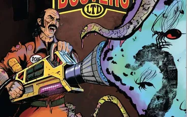 Man in orange jumpsuit firing a large gun at giant insects, "BUG BUSTERS LTD" sign above.