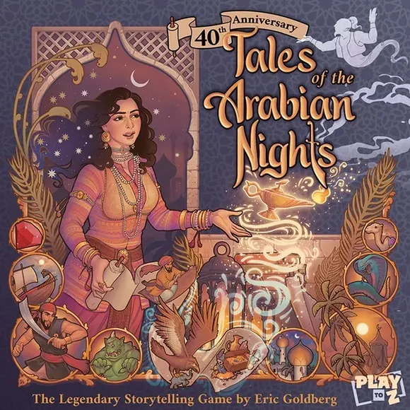 A richly illustrated cover for the "40th Anniversary Tales of the Arabian Nights" board game features a woman in traditional attire, holding a magical lamp that emits swirling wisps of light. Surrounding her are various fantastical elements, including mythical creatures like a griffin and a dragon, as well as iconic symbols from the Arabian Nights tales. The title is prominently displayed in an ornate font, with the text "The Legendary Storytelling Game by Eric Goldberg" at the bottom.