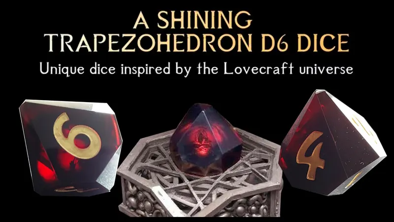 Red gem dice with "4" visible, ornate metal holder, text "A SHINING MEZOHEDRON D6 DICE" and "inspired by the Lovecraft universe"