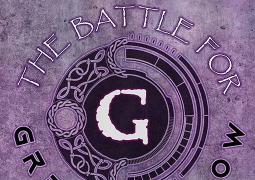 A circular logo features the text "THE BATTLE FOR GREENHOLLOW" prominently displayed around a central letter "G." The design incorporates intricate, swirling patterns and a dark background, creating a mystical and engaging aesthetic. The overall color scheme includes shades of purple and black, enhancing the theme of a fantasy wargaming event.
