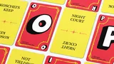 Five game cards with large black letters on red and yellow backgrounds. Visible text: "KOSCHEI'S KEEP," "NIGHT COURT," "LUCIN'S GOLDEN EYE," "SUMMER COURT," "NOT YIELDING," and "PRIORITIES" logo with small stars. ©2015-2026, Sarah J. Maas.