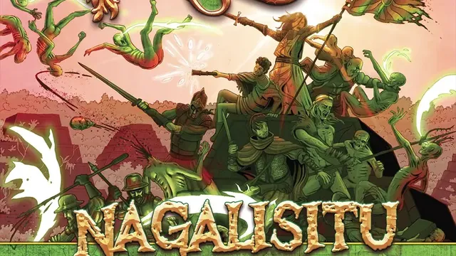 Cover art for Reign: Realities – Nagalisitu showing a chaotic battle scene with armored figures wielding weapons, one mounted on a skeletal steed. Green and red hues dominate. Title "Nagalisitu" in ornate gold lettering. Subtext reads "A Reign Reality by Caleb Stokes."
