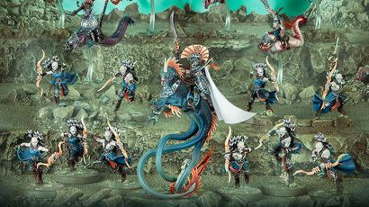 A dynamic scene showcases a variety of Idoneth Deepkin models, featuring a central figure, the Ikon of the Sea, with a flowing white banner and intricate armor, surrounded by other aelves in vibrant blue and orange hues. Several mounted warriors ride sleek sea creatures, while others stand poised with weapons, all set against a textured, rocky underwater backdrop with a greenish hue. The composition highlights the diverse range of new models, including the Akhelian Tide Guard and Namarti Reavers, emphasizing their aquatic theme and battle-ready stance.