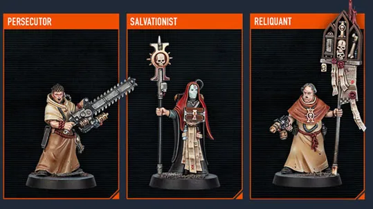 The image features three miniature figures from the upcoming Kill Team expansion by Games Workshop. On the left is the "Persecutor," a militiaman wielding a chainsaw-like weapon, dressed in a brown robe. In the center stands the "Salvationist," a figure draped in red and black robes, holding a staff adorned with a skull symbol. On the right is the "Reliquant," who carries a large, ornate banner and wears a similar brown robe, adding to the ecclesiastical theme of the Sanctifiers. Each figure is intricately detailed, showcasing the distinctive aesthetic of the Warhammer 40,000 universe.