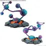 A set of two unassembled and unpainted miniatures representing Dimensional Rifts, featuring colorful orbs connected by twisting tendrils. The orbs are primarily blue and purple with electric-like patterns, set atop a rocky base with orange and gray elements that suggest a volcanic or otherworldly environment. The miniatures are designed for use in the Marvel: Crisis Protocol game, enhancing the thematic gameplay experience.