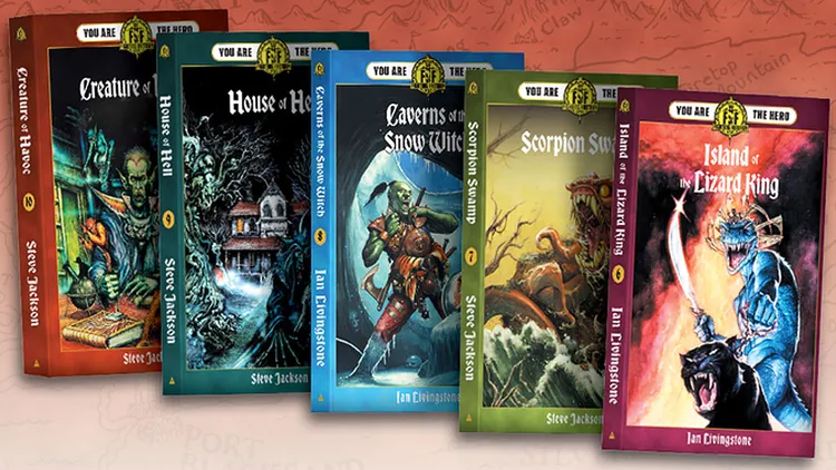 Five Fighting Fantasy gamebooks are displayed, showcasing their colorful covers. From left to right, the titles are 