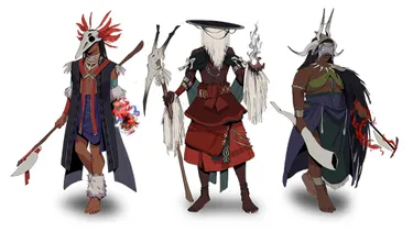 Three distinct characters from the Zarioo roleplaying game are depicted, each showcasing unique attire and accessories. The character on the left wears a long, dark robe with vibrant red and blue accents, a feathered headdress, and holds a glowing orb. The central figure is adorned in a red and black outfit, featuring a large hat and a staff emitting wisps of smoke. The character on the right has a more muscular build, dressed in a green and blue ensemble, with tribal jewelry and a large, curved weapon. Each character reflects the game's rich cultural and fantastical themes.