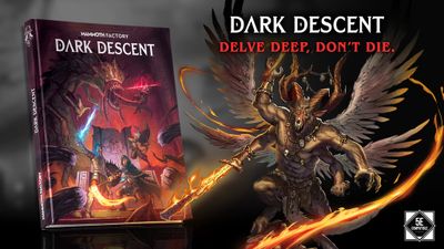 A fierce, winged creature with a wolf-like head and muscular build stands prominently, wielding a glowing sword. The background features swirling flames and dark shadows, enhancing the menacing atmosphere. To the left, a book titled "DARK DESCENT" is partially visible, with the tagline "DELVE DEEP, DON'T DIE" displayed above in bold lettering.