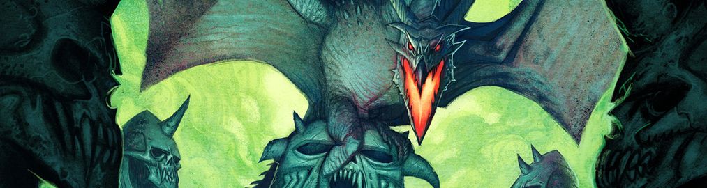 An image of a Dragon sitting on a dwarven statue with it's wings wide and mouth open