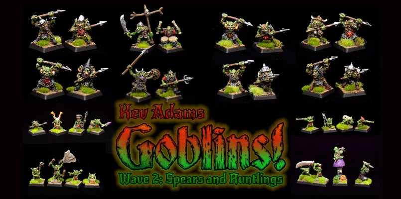 The image showcases a collection of dynamic goblin miniatures sculpted by Kev Adams, arranged on a dark background. There are 17 goblins prominently displayed, including a leader and a command group, all equipped with various weapons like spears and axes, along with 12 spearmen. Additionally, several runtlings are featured at the bottom, each with unique poses and expressions, highlighting their character and charm. The text "Kev Adams Goblins! Wave 2: Spears and Runtlings" is artistically integrated into the design, emphasizing the theme of the Kickstarter campaign.
