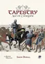 Medieval battle scene with armored knights on horseback fighting. Two central riders wield spears, surrounded by infantry with shields and weapons. Background shows a castle under siege. Text reads "Tapestry Age of Conquest" with two sphinx-like lions above.
