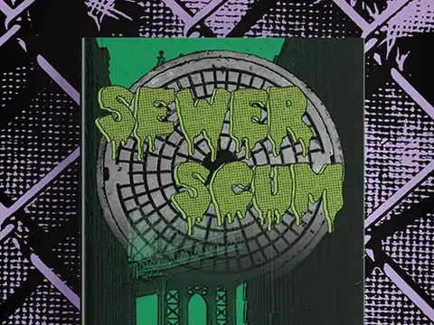 Cover art for Sewer Scum supplement: dystopian cityscape with glowing green skyscraper, mutant animal silhouettes on top, neon-lit streets, and a green car. Text reads: "Mork Borg / CY_BORG" and "Dice Cats" with a small cat logo.