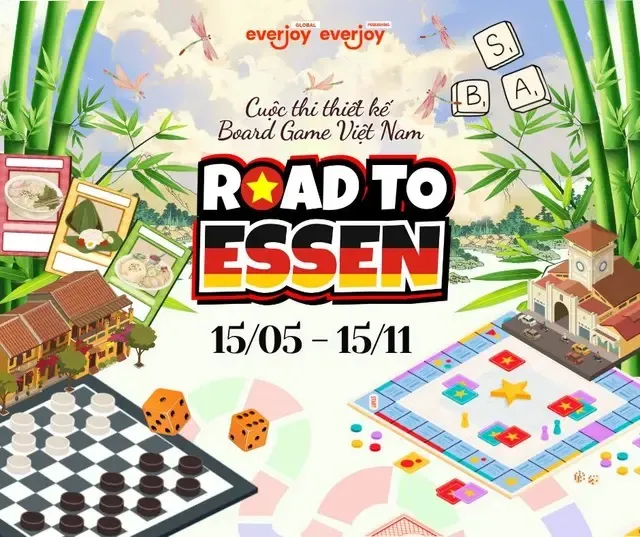 Colorful board game elements with text "ROAD TO ESSEN" and "15/05 - 15/11".