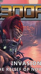 A humanoid alien with red skin and a distinctive crest is prominently featured, holding a futuristic weapon. The background depicts a sunset over a futuristic cityscape, hinting at a conflict zone. The title "2300AD" is displayed at the top, with the subtitle "INVASION: THE RELIEF OF NOVY KYIV" below, emphasizing the theme of the campaign.