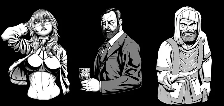 Two black and white illustrations feature distinct characters against a solid black background. On the left, a stern-looking man in a formal suit holds a small object in his left hand, his expression serious and contemplative. On the right, a bearded man in a simpler, more casual outfit gestures with an outstretched hand, displaying a wide, somewhat mischievous grin.
