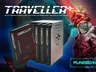 Four hardcover books for the Traveller 5E tabletop roleplaying game are displayed prominently, featuring distinct covers. The books include "Core Rules" with a red design, "Gears and Robots" in black, "Worlds and Vehicles" also in black, and "Starships" in a similar style, all housed in a white slipcase adorned with a logo. The background features a cosmic scene with hints of futuristic technology, emphasizing the sci-fi theme of the game.