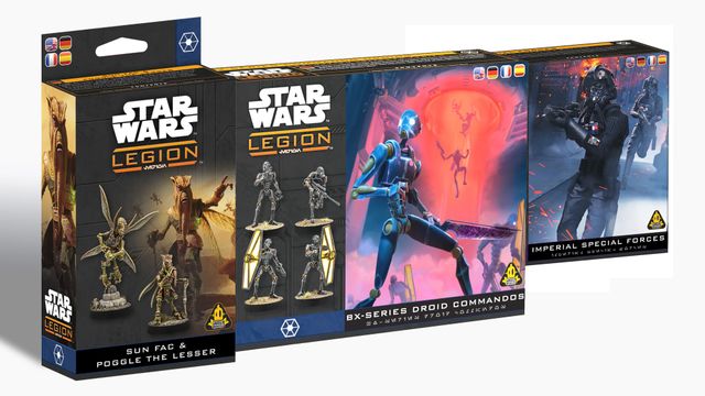Two boxes from the "Star Wars: Legion" tabletop game are displayed side by side. On the left, the "BX-Series Droid Commandos" box features a blue droid with a weapon, set against a vibrant red and orange background depicting other droids in action. On the right, the "Imperial Special Forces" box showcases a dark-clad soldier aiming a weapon, with a dramatic backdrop of blue tones and red highlights, emphasizing a tense atmosphere.