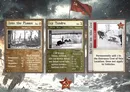 Three cards from a tabletop game. The first card, titled "The Flames," has a black-and-white photo of soldiers in a wooded area, text reading "Raid Mission. You may pay 1 XP when an Event is first revealed to ignore the Event's effect text," and a cost of 0. The second card, titled "Icy Tundra," has a black-and-white photo of soldiers in a snowy landscape, text describing it as a location with effects on hostile attack and defeat cover rolls, and a cost of 1. The third card, titled "Battle on the Ice," has a black-and-white photo of a soldier in winter gear, text reading "Permanently remove the Entrance Card from this Location. Does not apply to Vehicles," and a red "EVENT" label. In the background, a red flag with a yellow hammer and sickle emblem and a red star with the same emblem are visible.