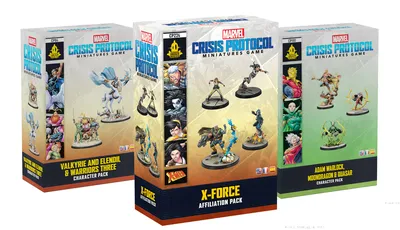 Three boxes of the "Marvel Crisis Protocol Miniatures Game" are displayed. The central box features the "X-Force Affiliation Pack," showcasing miniatures of characters like Cable and Domino, with vibrant colors and dynamic poses. The other two boxes on either side include "Adam Warlock & Moondragon" and "X-23," each adorned with artwork of their respective characters and game branding.