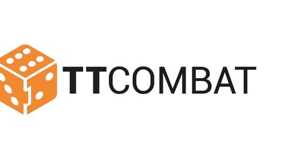 The image features the TT Combat logo, which consists of the letters "TT" in bold black font next to the word "COMBAT" in a similar style. An orange die with white dots is positioned to the left of the text, adding a playful element to the design. The overall look is clean and modern, reflecting the brand's focus on tabletop gaming.