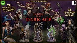 A collection of intricately designed female miniatures from the "Ladies of the Dark Age" series, displayed prominently against a dark, atmospheric background featuring a castle silhouette. The miniatures vary in scale, including 75mm and 32mm, showcasing diverse characters such as warriors and spellcasters, each with unique poses and details. The text highlights "21 UNLOCKED ALTERNATE VERSIONS," emphasizing the variety available in this collection.