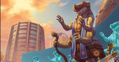 Cover art for The Fifth Frontier War: The Fall of Lanth. A reptilian humanoid figure in ceremonial robes stands on a raised platform, holding a staff and gesturing. Behind him, futuristic buildings and a crowd of similarly styled figures in blue and gold attire.