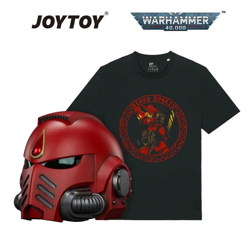 Red helmet with gold trim, black t-shirt with red Blood Angels logo, JOYTOY and WARHAMMER 40,000 text.