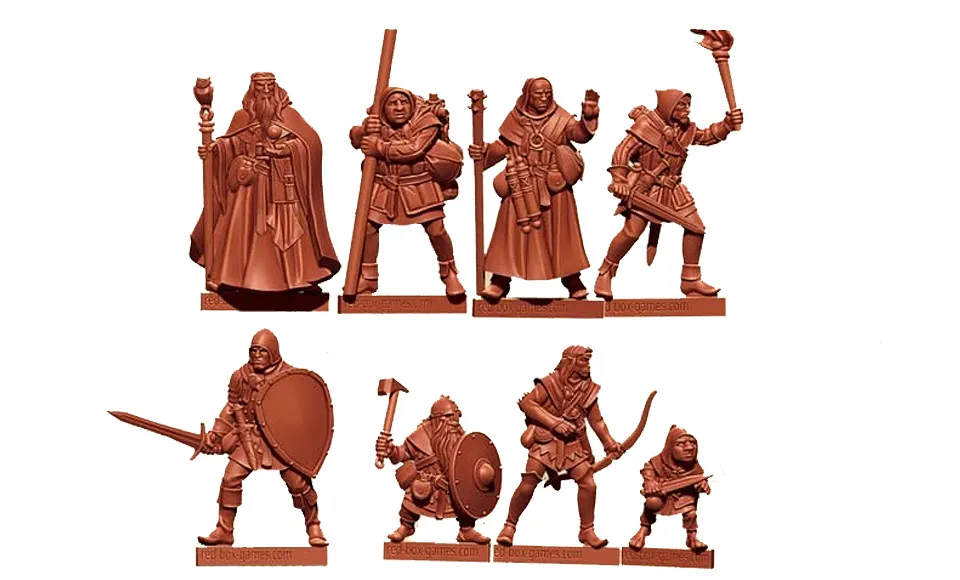 A collection of eight fantasy miniatures is displayed, sculpted in a reddish-brown material. The figures include a male wizard with a staff, a male cleric, a male fighter, a male half-elf thief, a male elf ranger, a male halfling thief, and a male human henchman, all depicted in dynamic poses. Each miniature is designed to be 28mm in scale, showcasing a variety of armor and weapons, suitable for a typical fantasy RPG party.