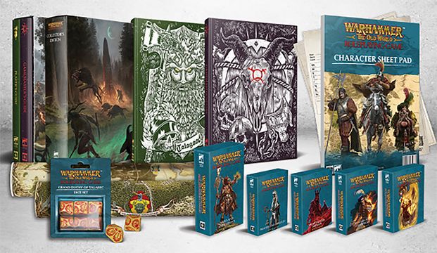A collection of items from the forthcoming Warhammer: the Old World roleplaying game is displayed prominently. In the background, two large hardback books, the Player's Guide and Gamemaster's Guide, feature intricate cover art, while a character sheet pad is visible to the right. In the foreground, various reference card packs and a set of dice are arranged neatly, showcasing their colorful designs and thematic artwork.